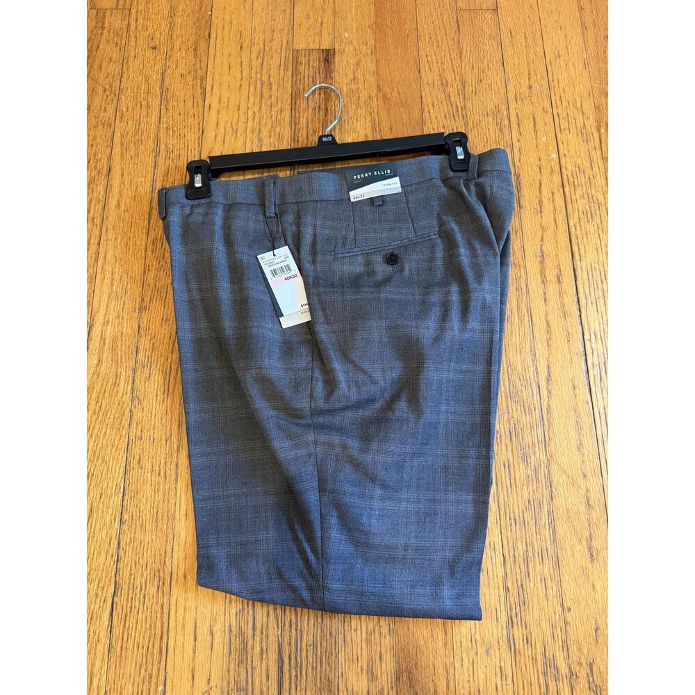 Perry Ellis Pants Mens 40x32 Medium Grey Slim Fit Glen Plaid Trousers T110077